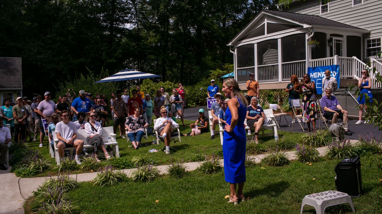 Susanna Gibson, the Democratic nominee for Virginia House District 57, speaks to the crowd during the rally in Glen Allen, Virginia, on September 9, 2023.