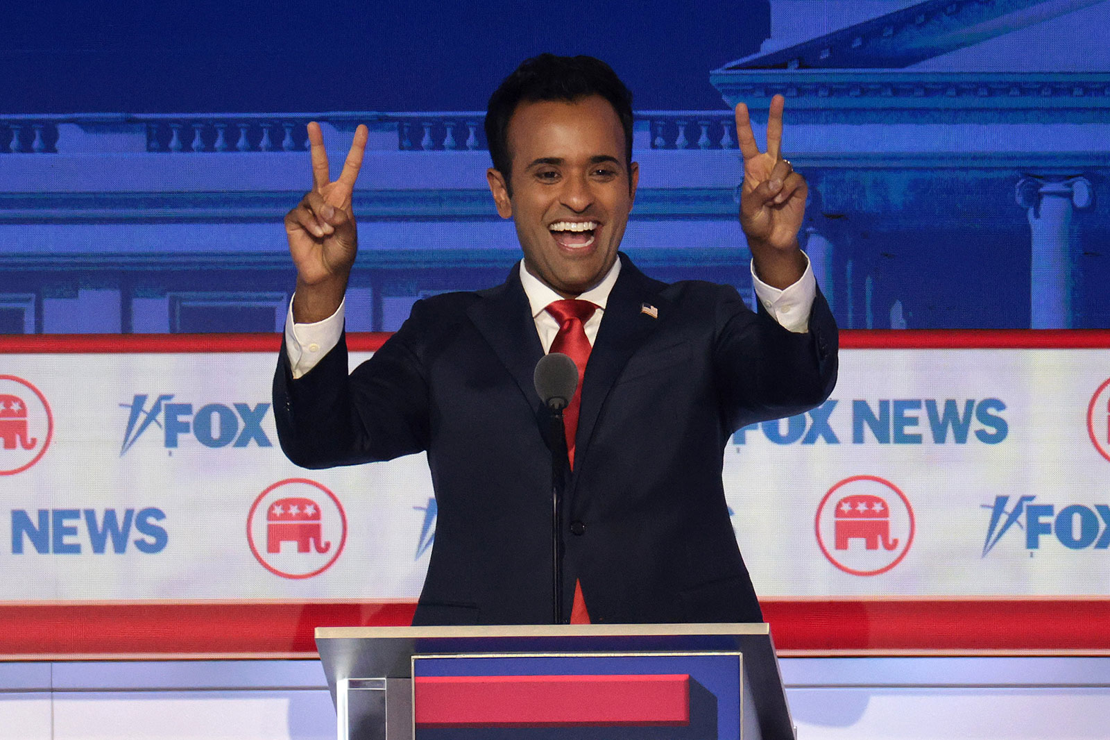 Ramaswamy participates in the first debate of the GOP primary season hosted by FOX News at  on August 23, in Milwaukee, Wisconsin. 