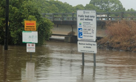 The Barron River boat ramp and car park remains completely inundated with water in Cairns