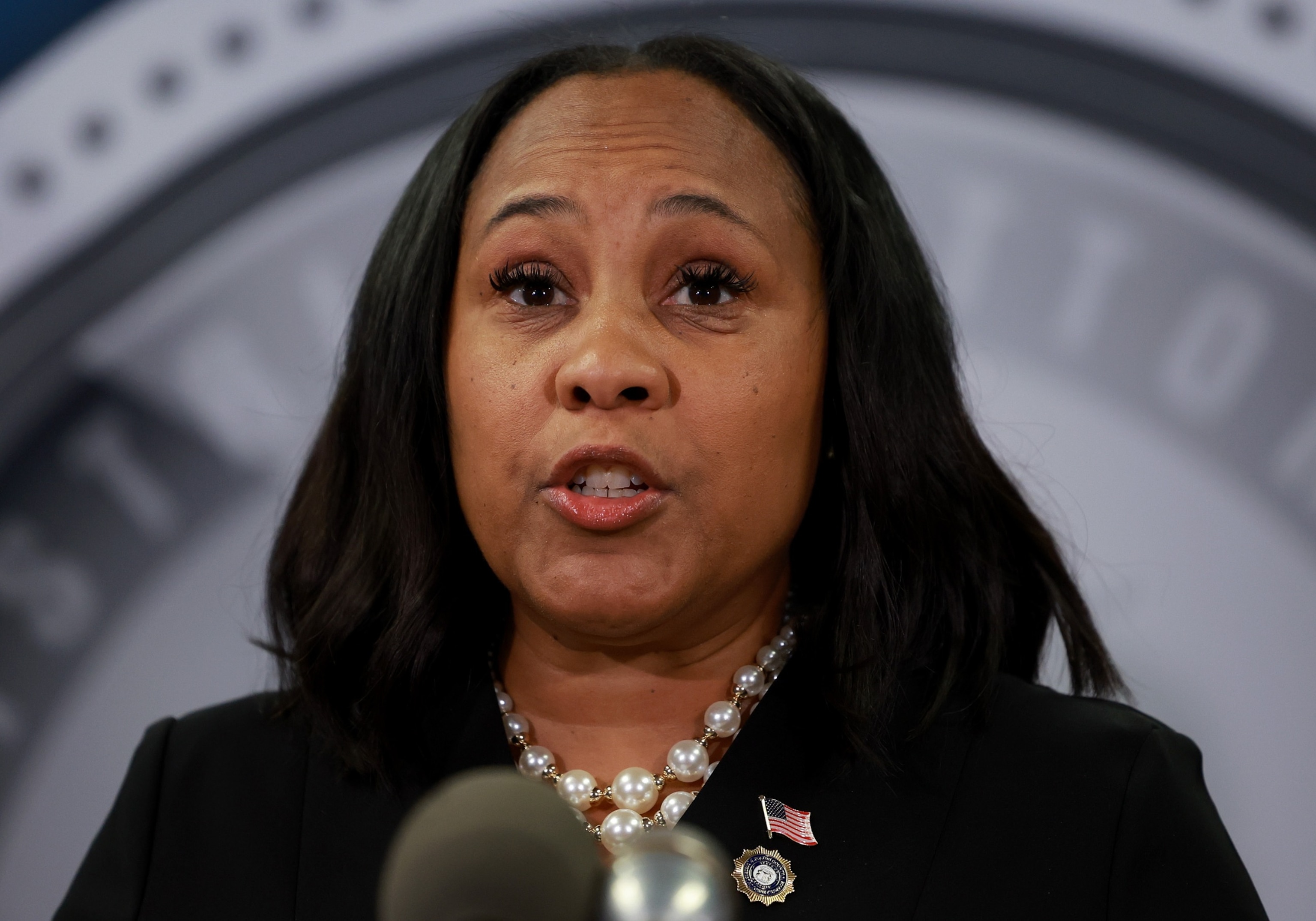 PHOTO: Fulton County District Attorney Fani Willis speaks during a news conference at the Fulton County Government building, Aug. 14, 2023, in Atlanta.