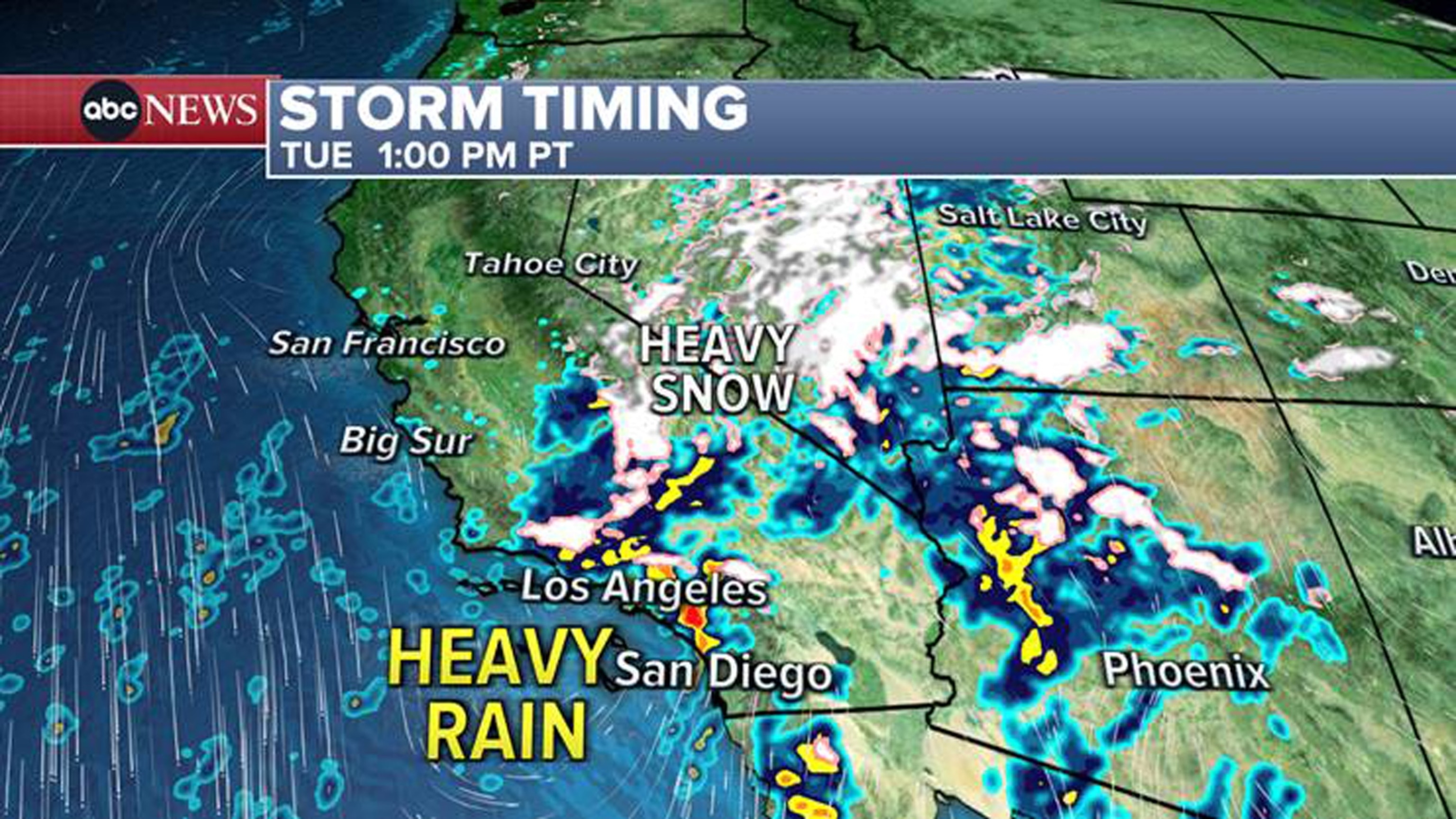PHOTO: In the afternoon on Tuesday the rain will break up and become more scattered but there will still be periodic heavy downpours from Santa Barbara to Los Angeles.