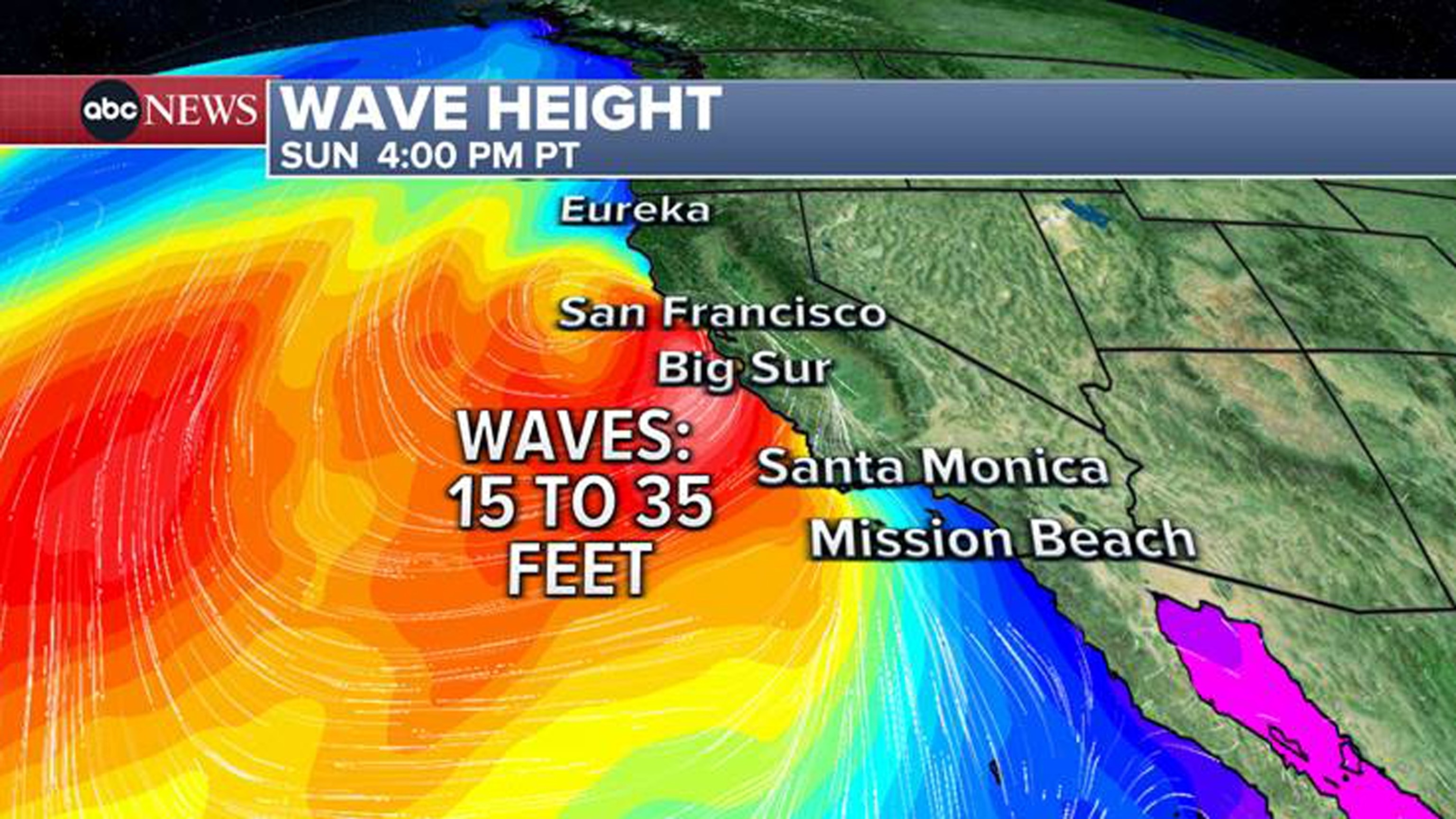 PHOTO: Large breaking waves of 20 to 25 feet for the Bay Area. Locally higher breaking waves of 25 to 35 feet near the Big Sur coast. Waves up to 20 feet off Santa Barbara.