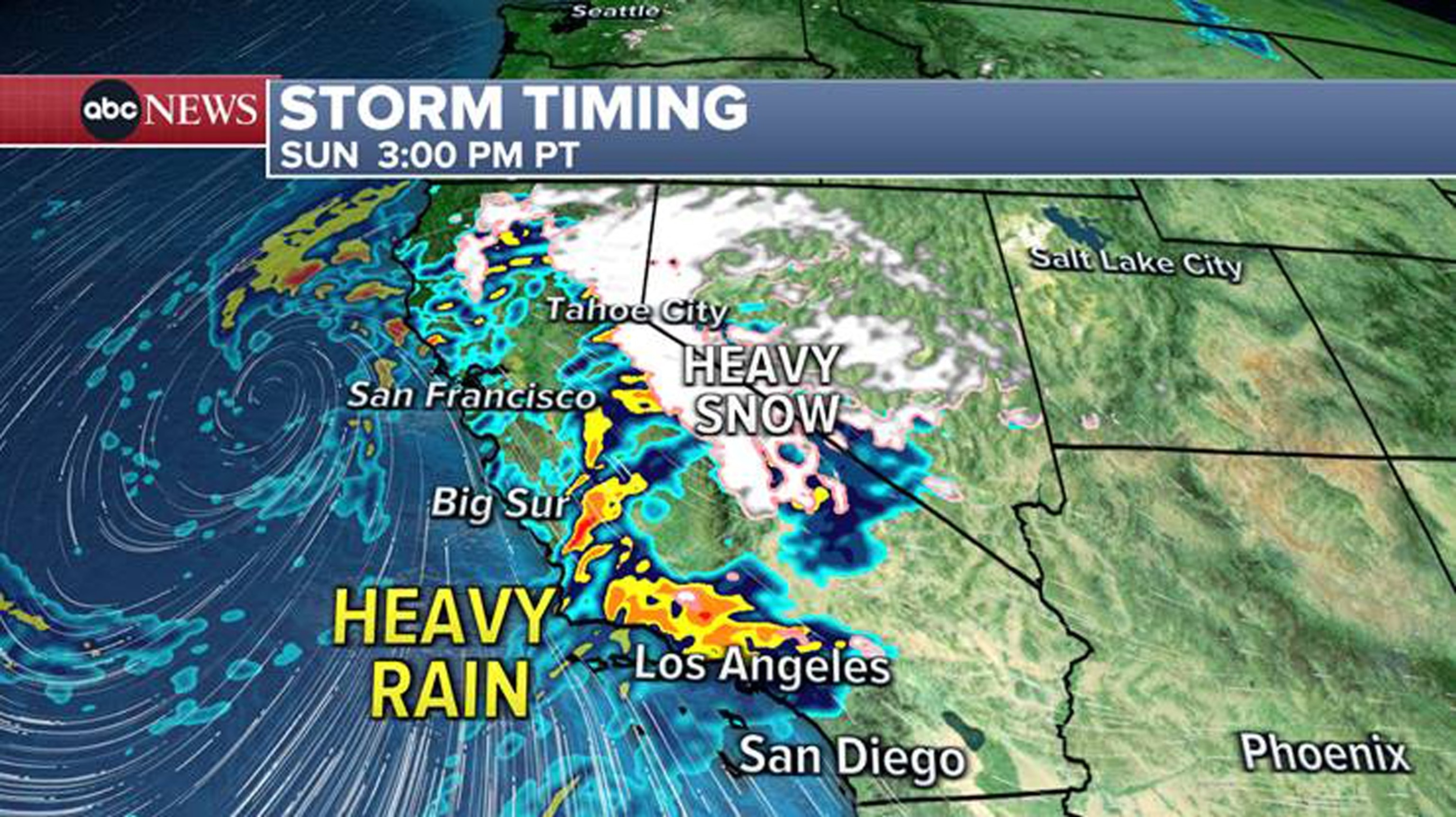 PHOTO: 3pm PT (6pm ET) heavy rain will be situated over Santa Barbara to Los Angeles with heavy snow in the mountains, and don’t forget the damaging winds.