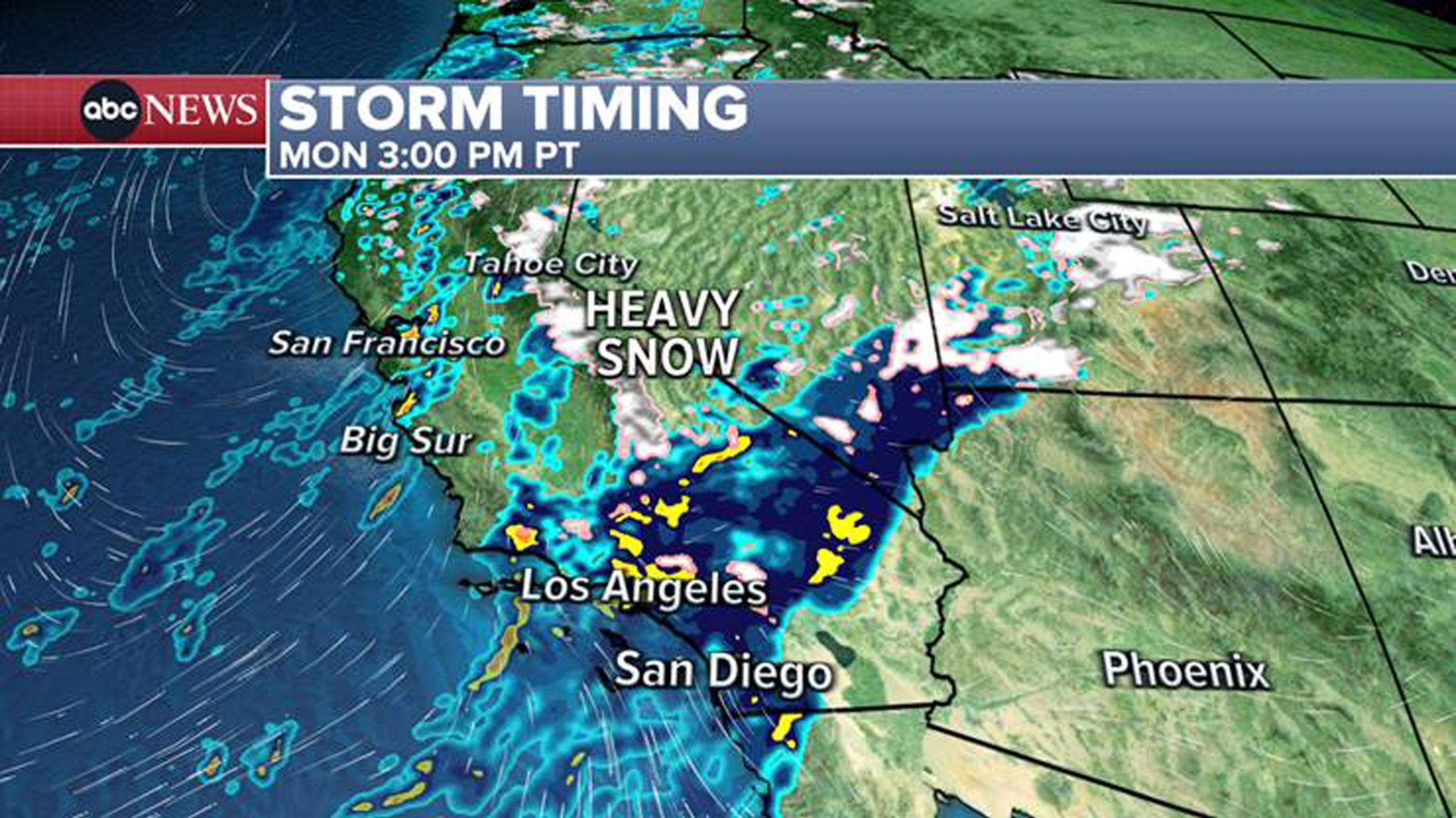 PHOTO: 3pm Monday (6pm ET) – light to moderate rain continues from the Bay Area to San Diego along with heavy snow in the mountains. The flood threat will continue.