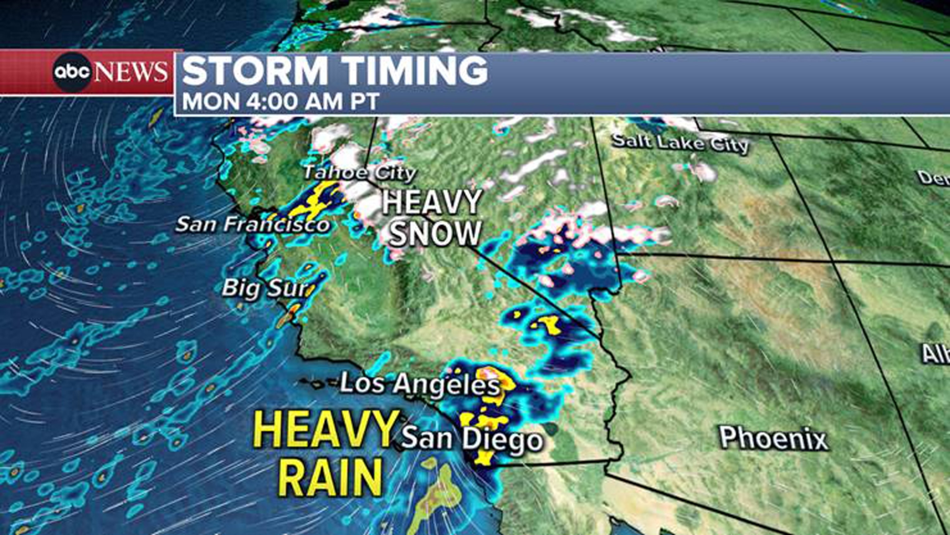 PHOTO: 4am PT (7am ET) Monday – The heaviest rain is expected in the San Diego area where their flood threat comes into play.
