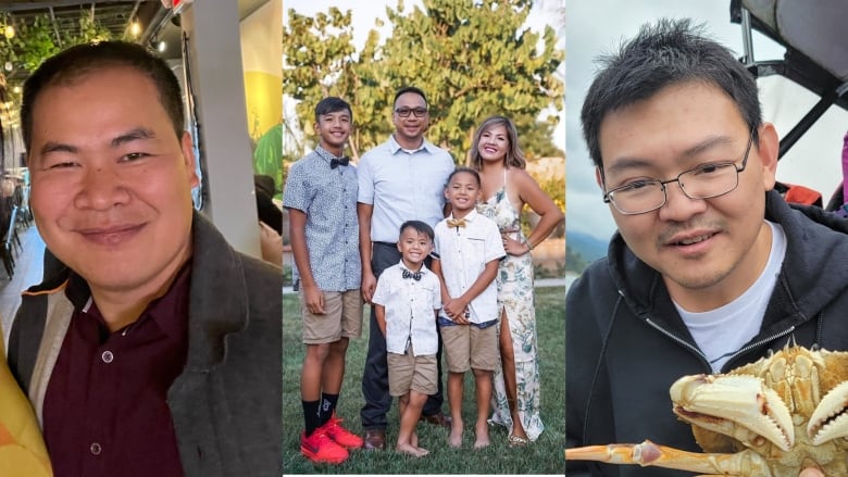 Three images, side-by-side.  On the left, closeup of a smiling man. In the middle, a smiling couple and their three children. On the right, a man with glasses holds a lobster.