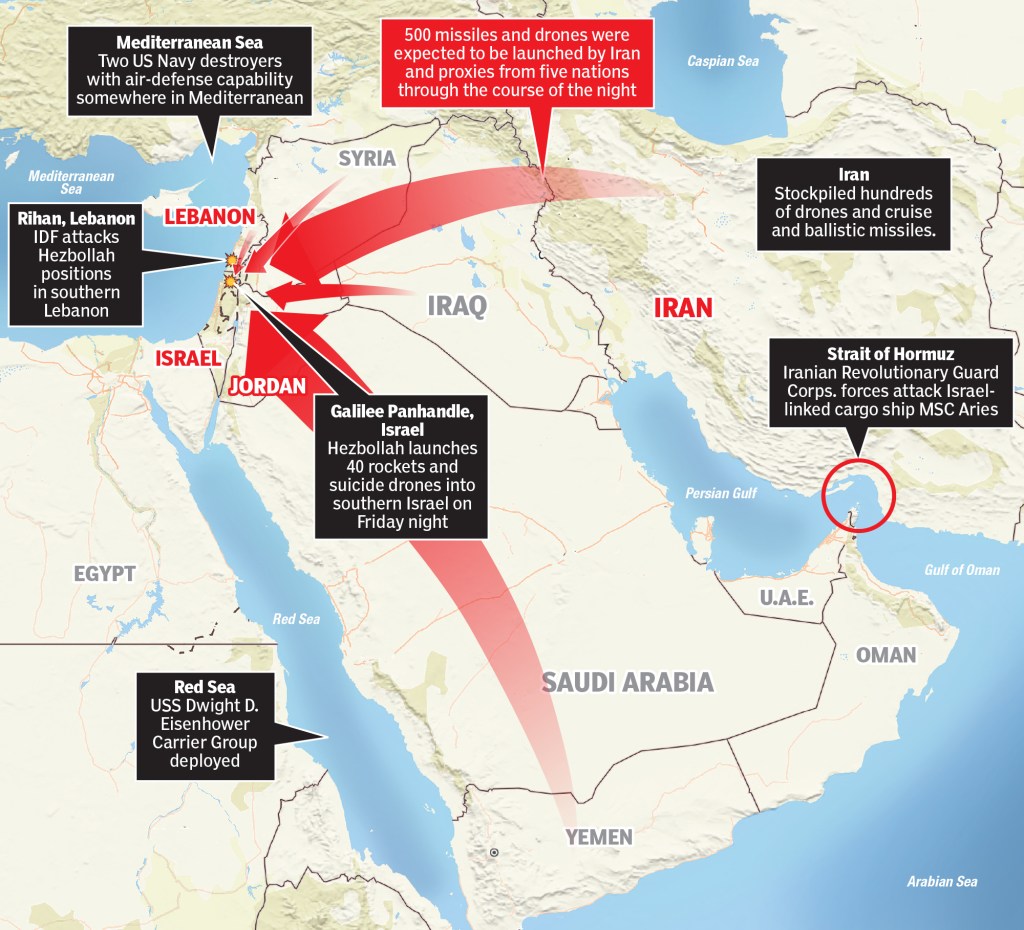 A map detailing Iran and its proxies strike on Israel.
