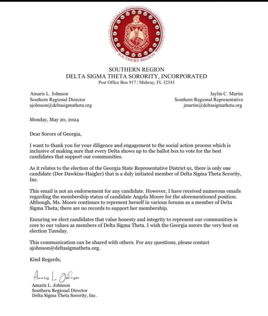 Delta Sigma Theta letter about Georgia State Rep. Angela Moore