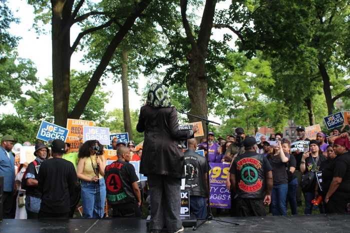 Zakiyah Shaakir-Ansari, co-executive director of the Alliance for Quality Education, speaks about the importance of education during the "Trump isn't welcome in the Bronx" counter rally in Crotona Park on May 23, 2024.