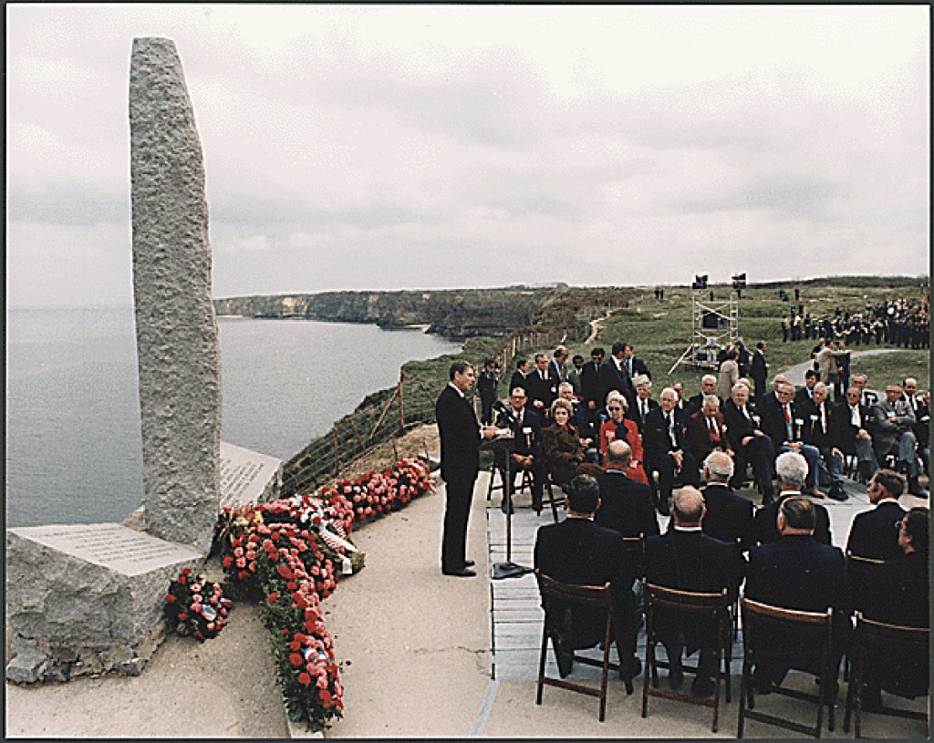 U.S. President Ronald Reagan gives a speech on the 40th Anniversary of D-Day at Pointe du Hoc, Normandy, France on June 6, 1984.