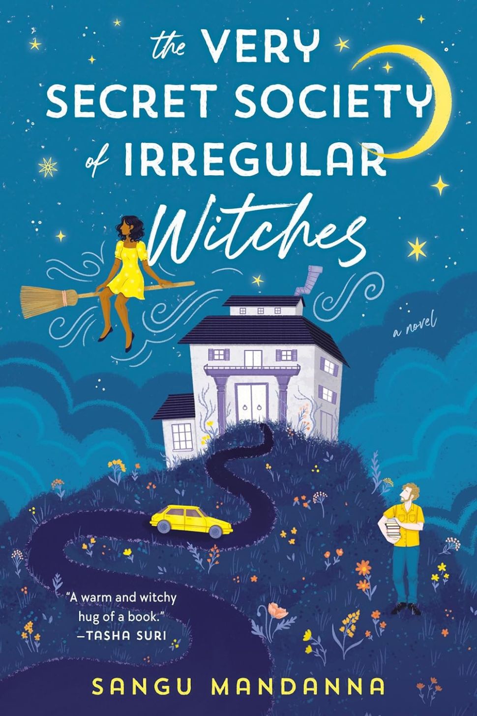 A book cover featuring a witch in a yellow dress riding a broomstick at night