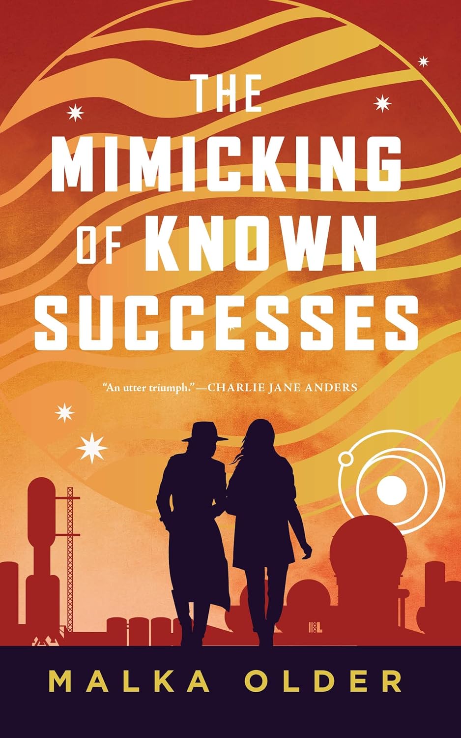 A book cover featuring the silhouettes of two people walking in a futuristic land
