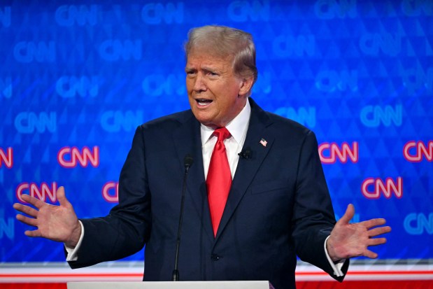 Former US President and Republican presidential candidate Donald Trump speaks as he participates in the first presidential debate of the 2024 elections with  US President Joe Biden at CNN's studios in Atlanta, Georgia, on June 27, 2024.  (Photo by ANDREW CABALLERO-REYNOLDS/AFP via Getty Images)