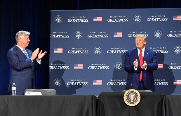 US President Donald Trump, right, and Pastor Robert Morris are pictured at Gateway Church Dallas Campus in Dallas, Texas, on June 11, 2020. (Photo by NICHOLAS KAMM/AFP via Getty Images)
