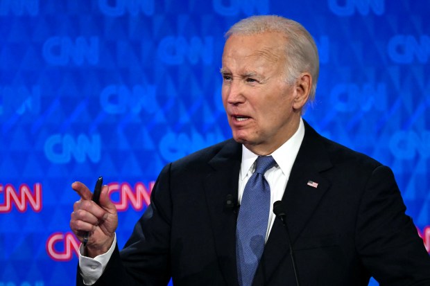 US President Joe Biden speaks as he participates in the first presidential debate of the 2024 elections with former US President and Republican presidential candidate Donald Trump at CNN's studios in Atlanta, Georgia, on June 27, 2024. (Photo by ANDREW CABALLERO-REYNOLDS / AFP) (Photo by ANDREW CABALLERO-REYNOLDS/AFP via Getty Images)