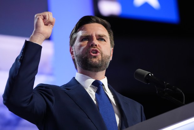 Republican vice presidential candidate, U.S. Sen. J.D. Vance (R-OH) speaks on stage on the third day of the Republican National Convention at the Fiserv Forum on July 17, 2024 in Milwaukee, Wisconsin.