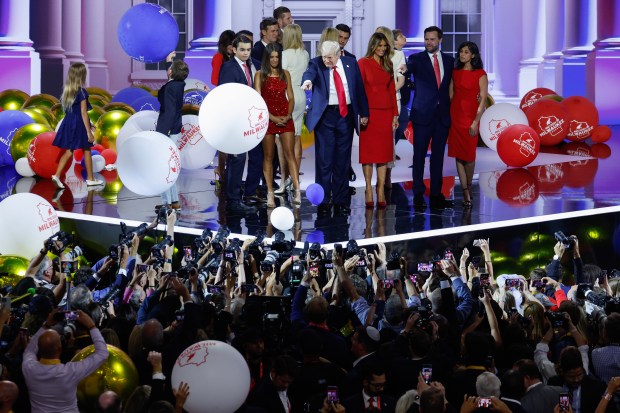 Donald Trump and members of the Trump family celebrate after Trump officially accepted the Republican presidential nomination on the fourth day of the Republican National Convention in Milwaukee, Wisconsin.